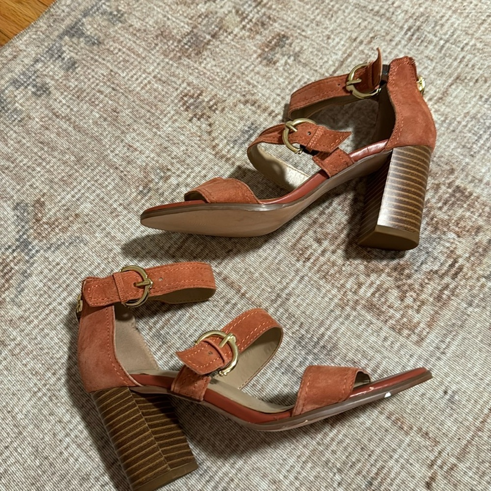 C. Wonder Wood Block Heel Strappy Sandals